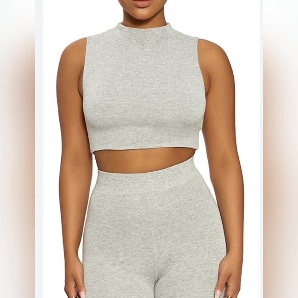 Naked Wardrobe NEW Heathered Grey Mock Neck Sleeveless Stretchy Cropped Top 2X